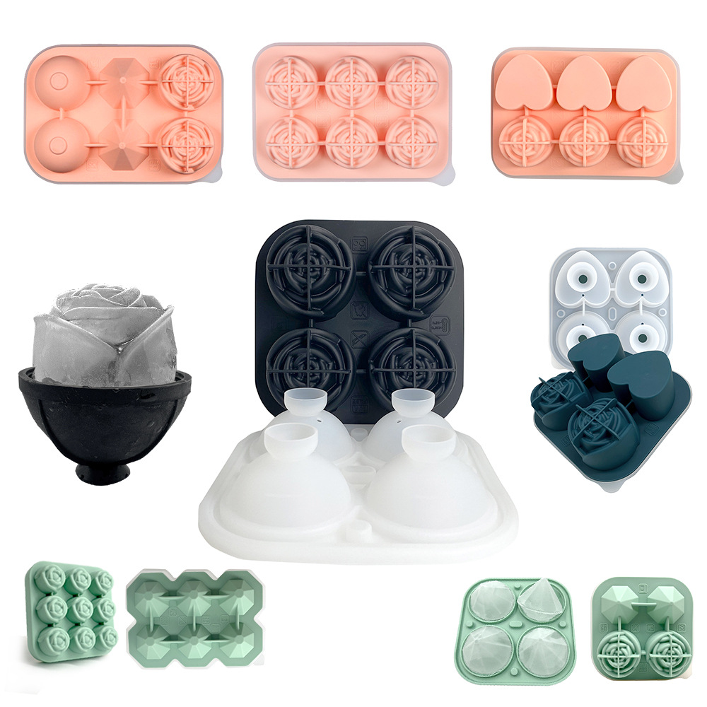 Caja de molde de hockey sobre hielo de silicona Ice Cube máquina de hielo 4-piece Rose whisky Comercial Grande cuadrado redondo