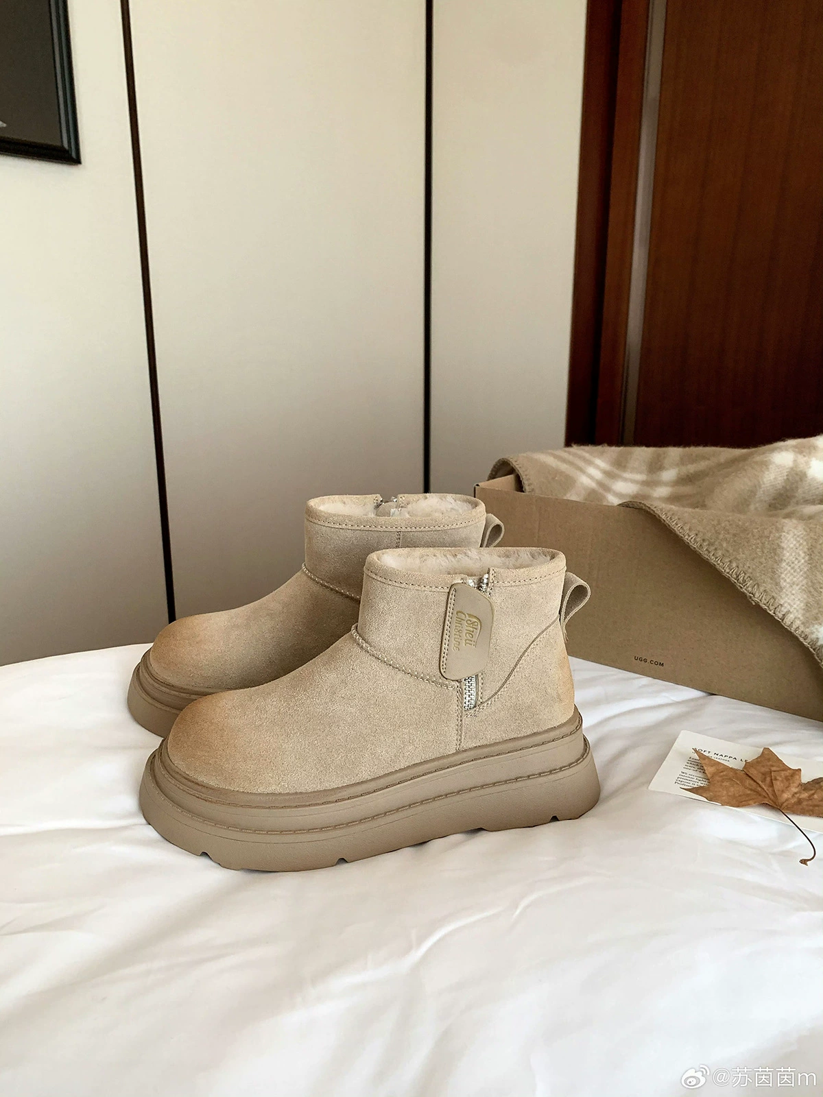 Fleece keep warm winter low boots with zipper platform, genuine leather