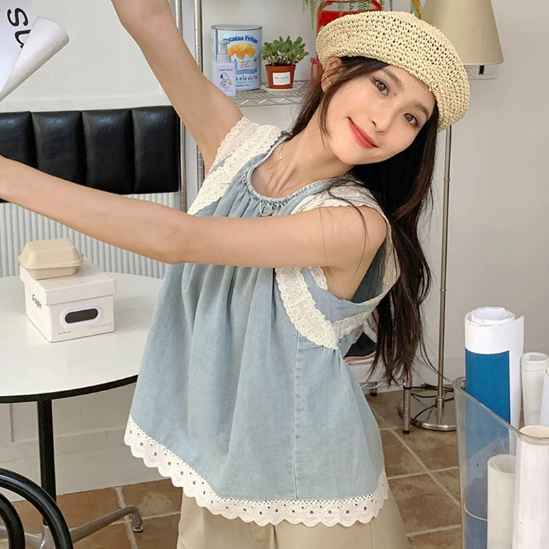 Top de mezclilla con costuras de encaje retro de verano de moda