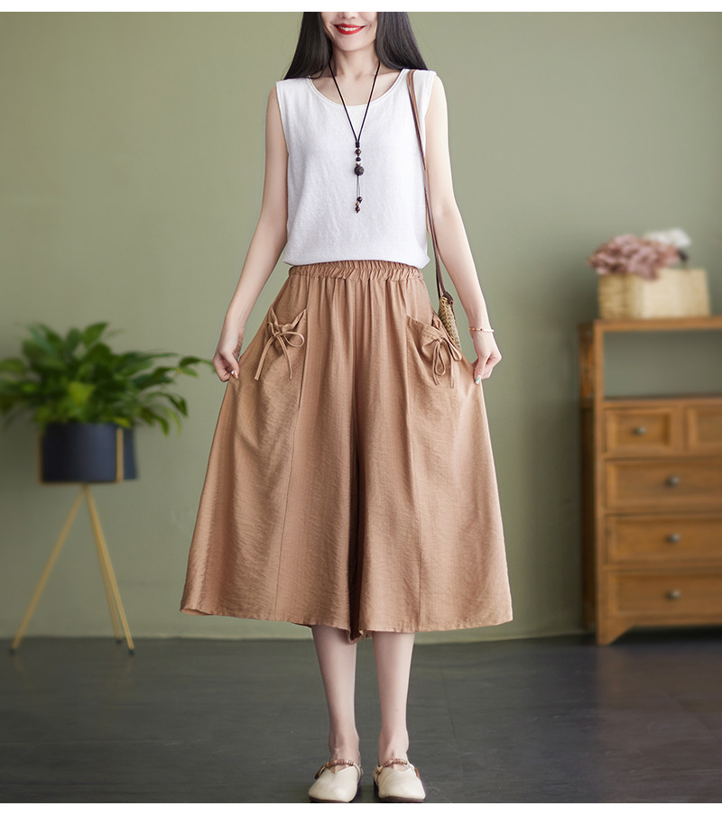 休闲腰腰子女七分夏季裤子薄百松紧棉麻七分裤气质女裤亚麻腿款阔