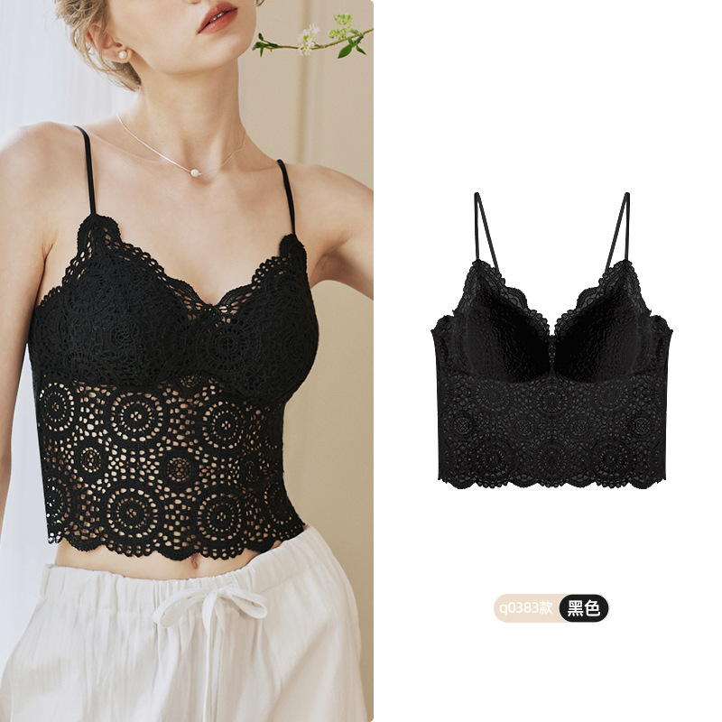 8729 French Light Luxury Encaje sexy Deep V Medio Sling Encaje Ropa interior Chaleco Mujer Sujetador sin cuello en V Mujer
