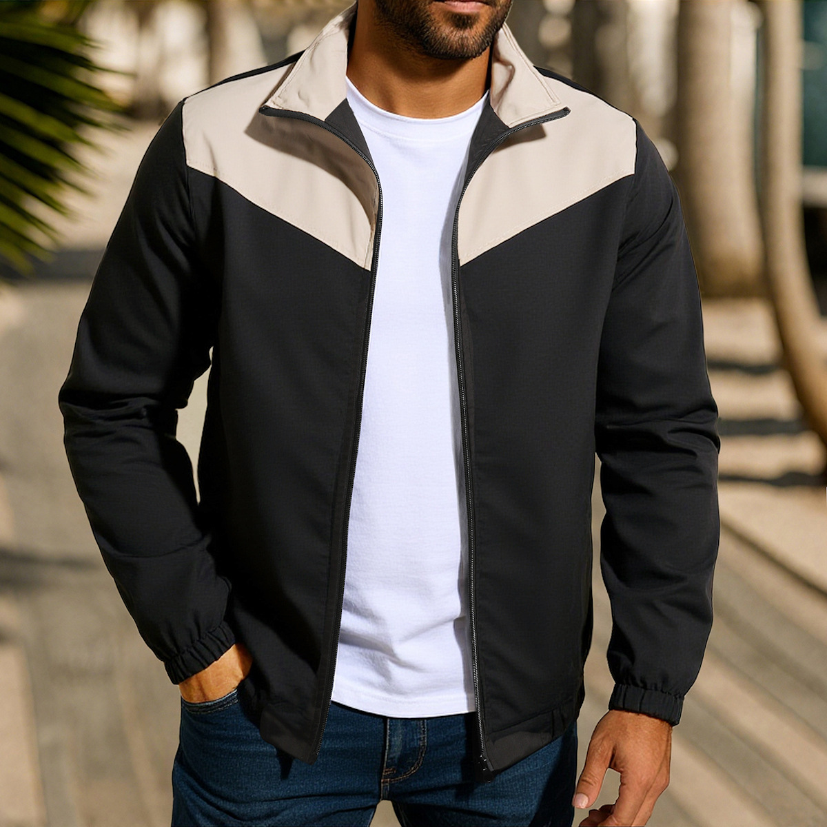 Men's Colour-blocking Windproof Cardigan Jacket With High Collar_voghion.com
