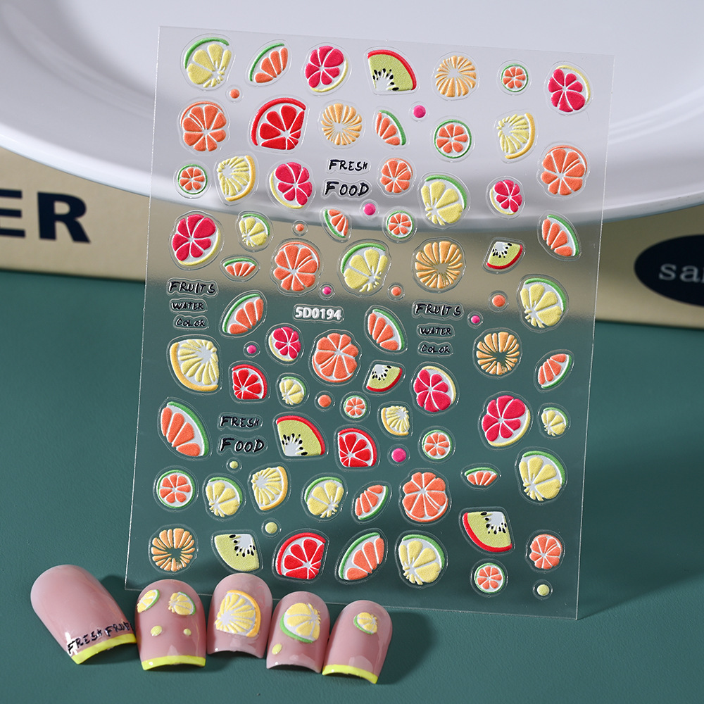Cross border fresh fruit series embossed nail art sticker lemon strawberry cherry sweet cute lady nail art patch