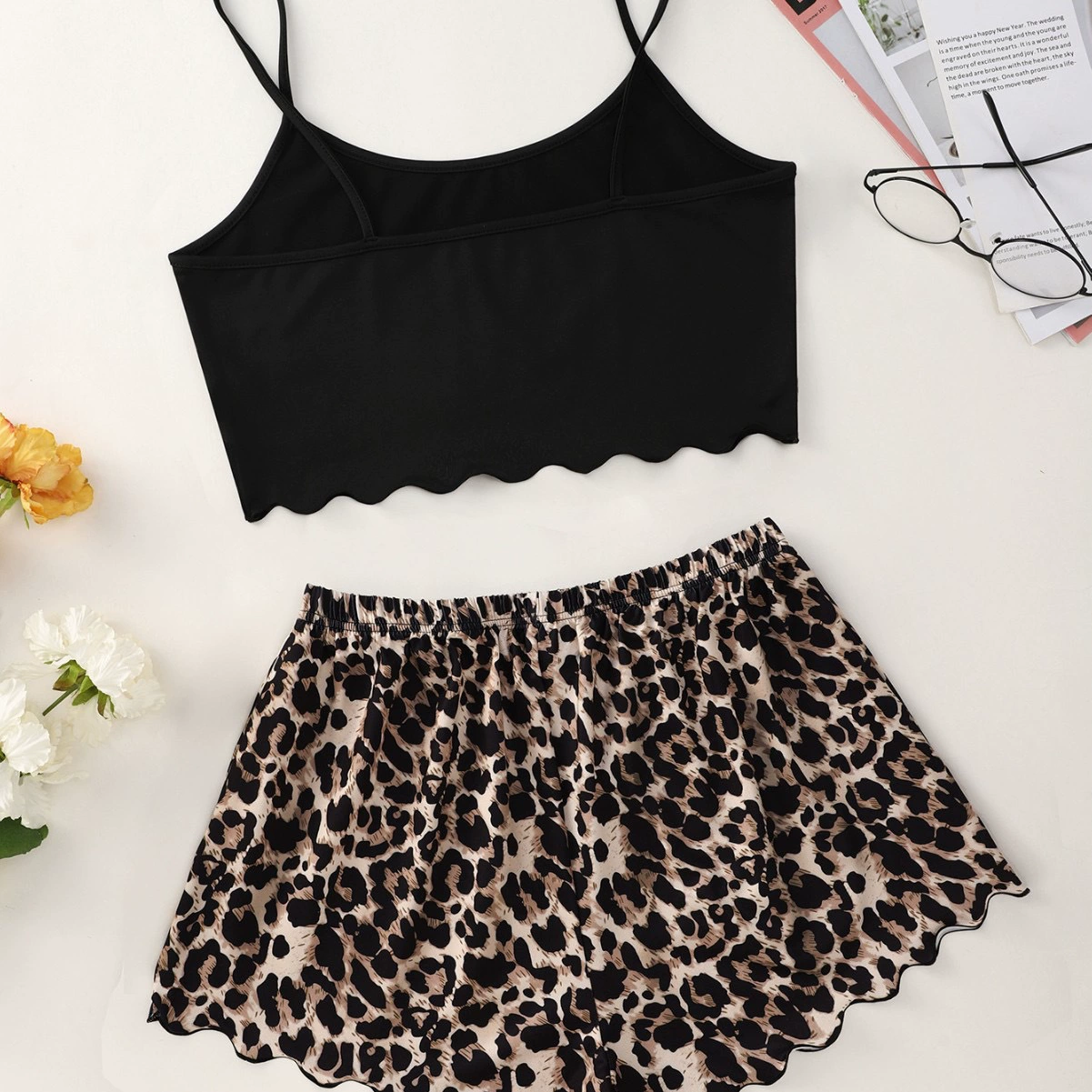 Набор пижамы топ camisole и шорты с леопардовым принтом, 2 предмета городской стиль, черный, размеры S–XL