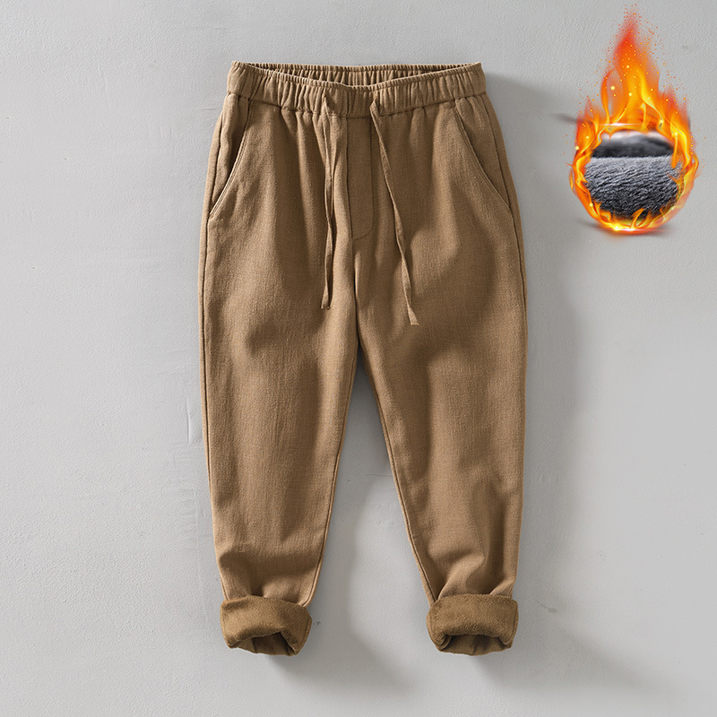 8234 Elastic Waist Warm Ramie Straight Leg Casual Cotton Pants Men's Retro Loose Fleece Lined Drawstring Slim Fit Cotton Linen Long Pants