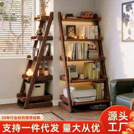 实木书架落地置物架家用客厅梯形收纳储物架一体靠墙展示简易书柜