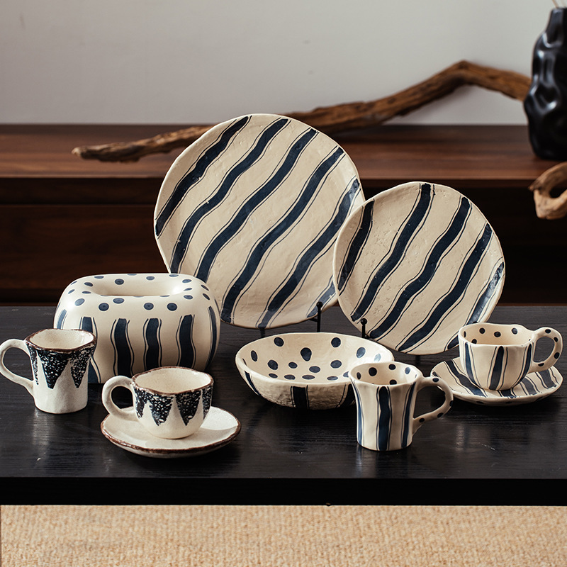 Meijiahui Bohemian Striped Ceramic Coffee Cup and Saucer Cake Dessert Plate Creative Vintage Mug Tea Cup