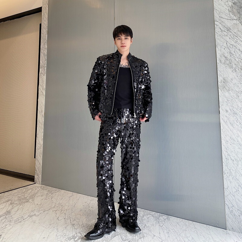 Nightclub Style Sequined Stand-Up Collar Short Jacket Suit Men's Trendy Handsome Stage Performance Suit Jacket and Trousers Two-Piece Set