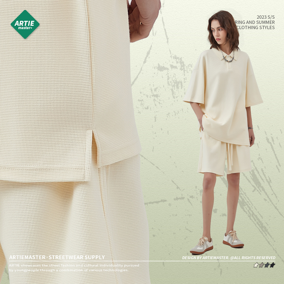 ARTIE hombres Slim 2024 Primavera/Verano Nuevo 330g patrón de diamante waffle solapa split suelta manga corta Camiseta