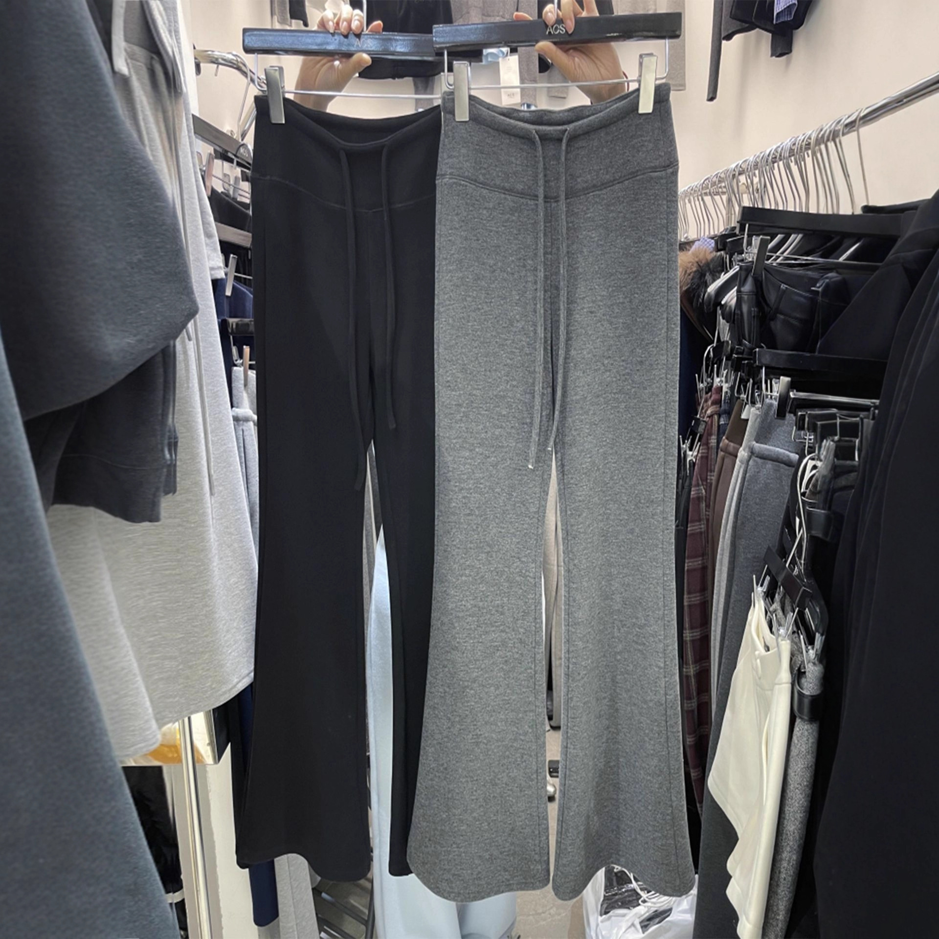 Huamian's New 2025 Spring and Autum Korean Style High-Waist Splicing Drawstring Elastic Slimming Look Bootcut Pants Casual Floor-Length Pants for Women