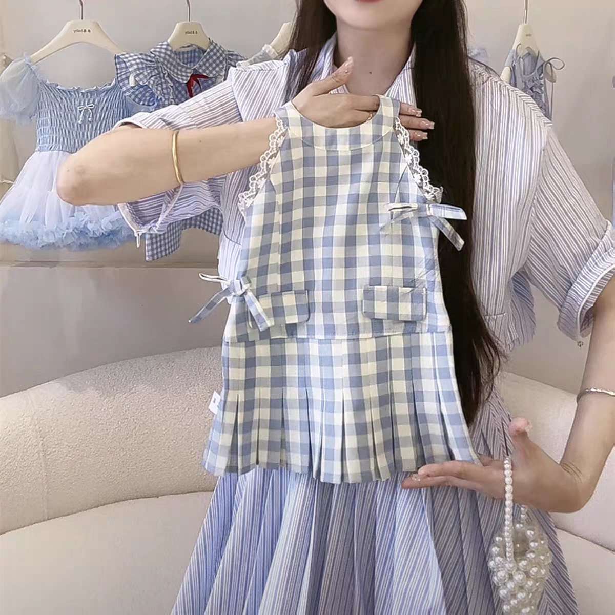 Cute blue colored summer girl's skirt sleevless with bow