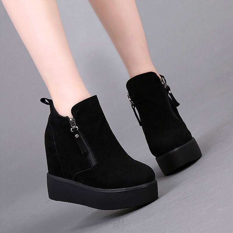 New Inner Heightening Short Boots Autumn and Winter Wedge Heel Thick Sole Round Toe Waterproof Platform Fleece-Lined Cotton Boots Women's Boots High Heel Casual Women's Shoes