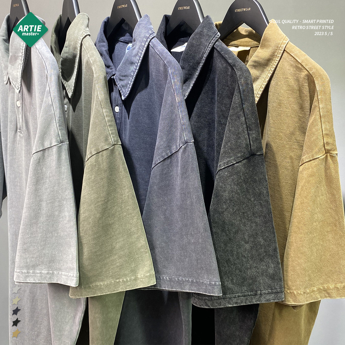 ARTIE marca de moda de los hombres apretado hilo doble puro algodón encerado lavado viejo solapa botón split manga corta Camiseta de los hombres