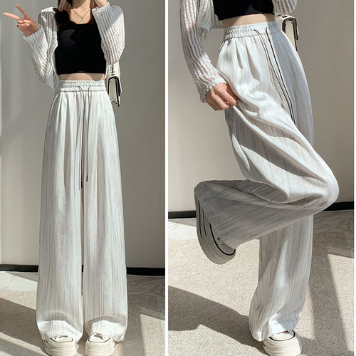 Sunscreen Satin Wide Leg Ice Silk Wide Pants for Women - Summer Thin Model High-Waisted American Style Draped Straight Leg Casual Loose Floor-Length Pants