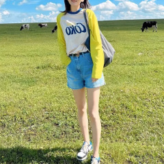纯棉正肩欧货撞色拼接长袖t恤衫女2025新款秋季设计感小众上衣潮