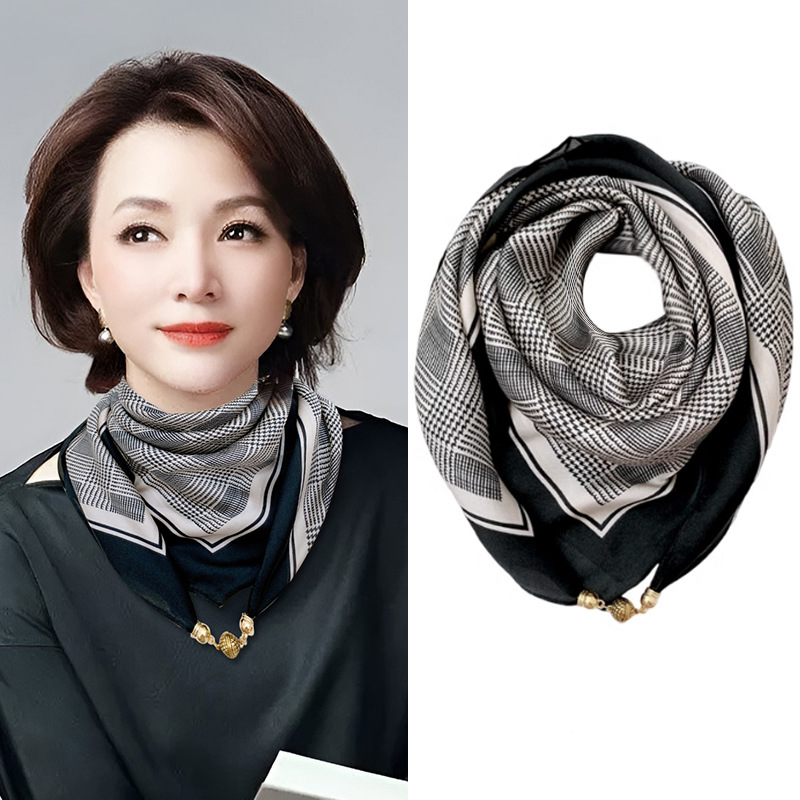 베이지 클래식 물떼새 격자-(65 모조 실크 자석 버클 스퀘어 스카프)