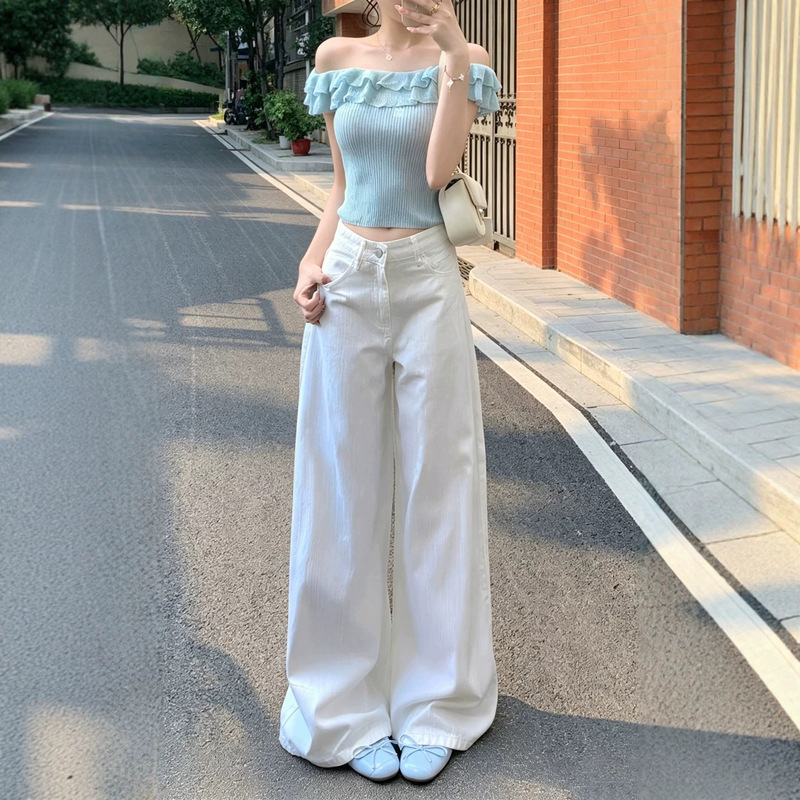 White Straight-Leg Wide-Leg Jeans for Women, Loose and Drapey, Slimming and Figure-Flattering Wide-Leg Denim Pants