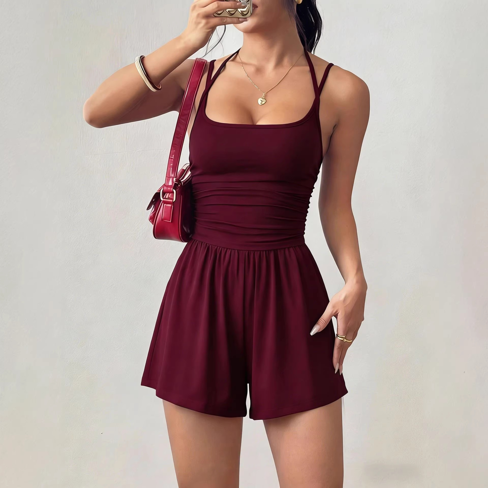 2026 Amazon Europe & America Cross-Border Women's Casual Summer Wide-Leg Loose Bandeau Top Waist-cinching Jumpsuit Shorts