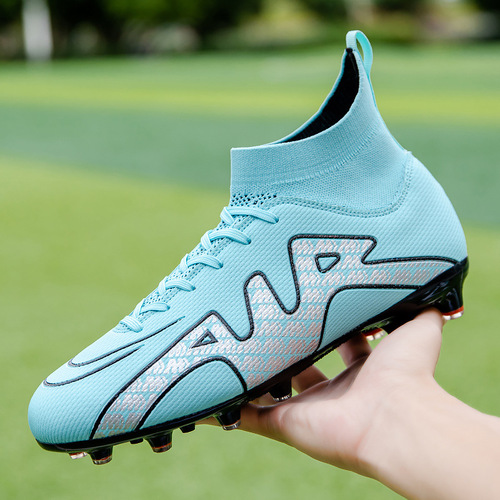 New high-top football shoes for men with long spikes and flat bottoms with mandarin duck color match boots for students, teenagers and children