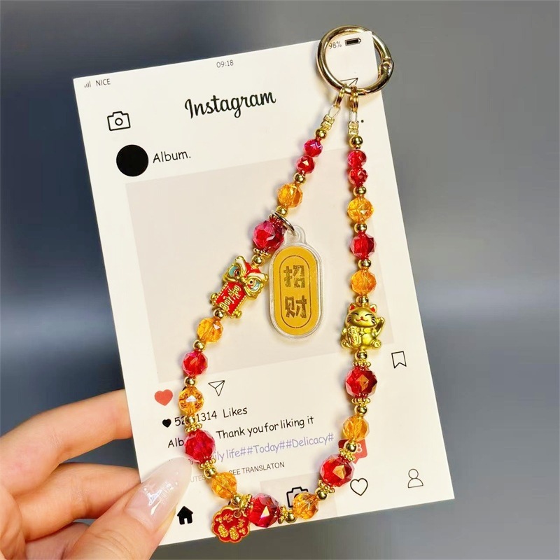 Fashionable antique style lucky charm mobile phone chain short wrist bracelet beaded crystal mobile phone lanyard anti-loss chain