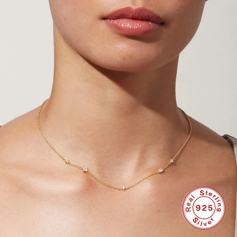1 Piece Quantity Daily Occasion 925 Sterling Silver Material 1 Piece 925 Sterling Silver Round Square Oval Zircon Cable Chain Necklace