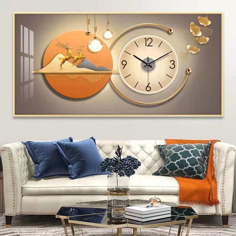 2023 nuevo restaurante pintura decorativa reloj Luz de lujo comedor Fondo colgante de pared pintura sala de estar reloj mural pintura porcelana cristal