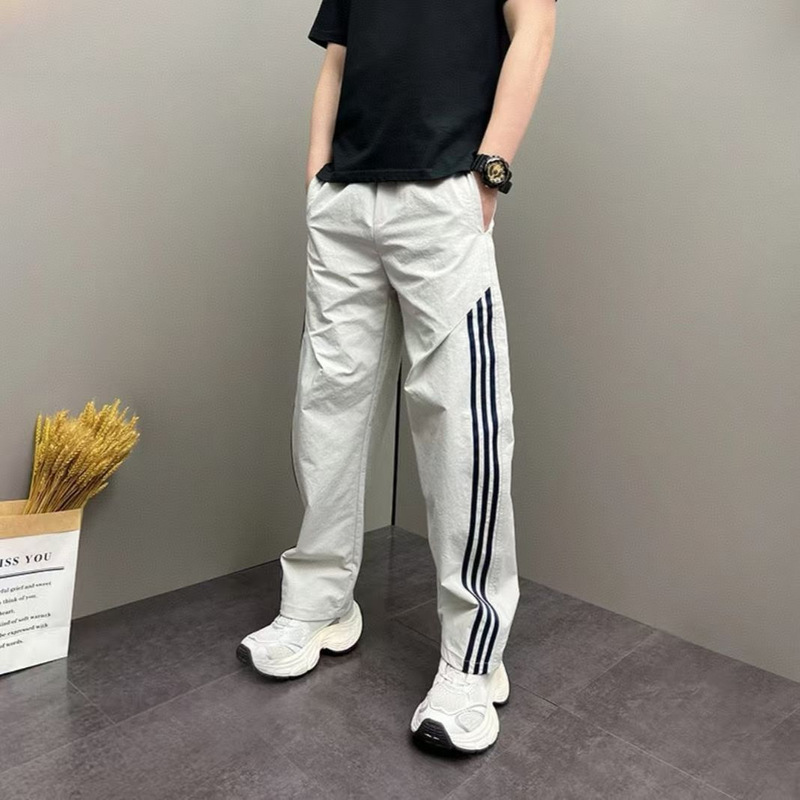 Men's Summer Color-Block Casual Pants, American Retro Style, Trendy Brand, Sports Three-Stripe Design, Coffee Color, Straight-Leg Long Pants