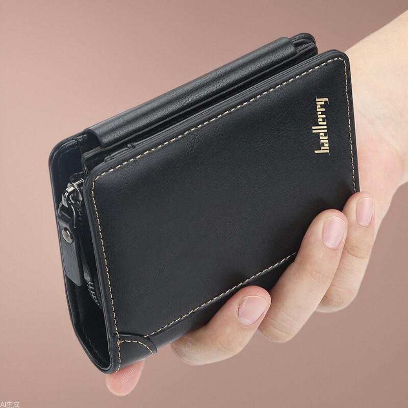 Wallet Men's Short baellerry European and American Multi-Card Three-Fold Zipper Coin Purse Fashionable Thin Card Bag for Men