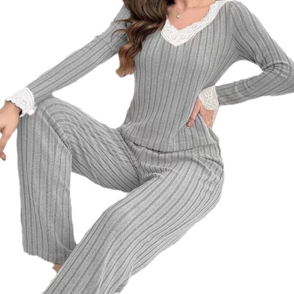 Pijama de Encaje con Cuello en V para Mujer Set de 2 piezas de poliéster, transpirable, cálido, para el hogar y exteriores