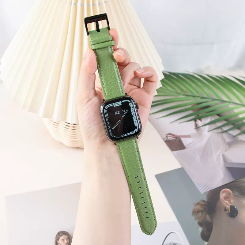 适用苹果appllewatch真皮表带荔枝纹iwatch s10表带SE女牛油果绿