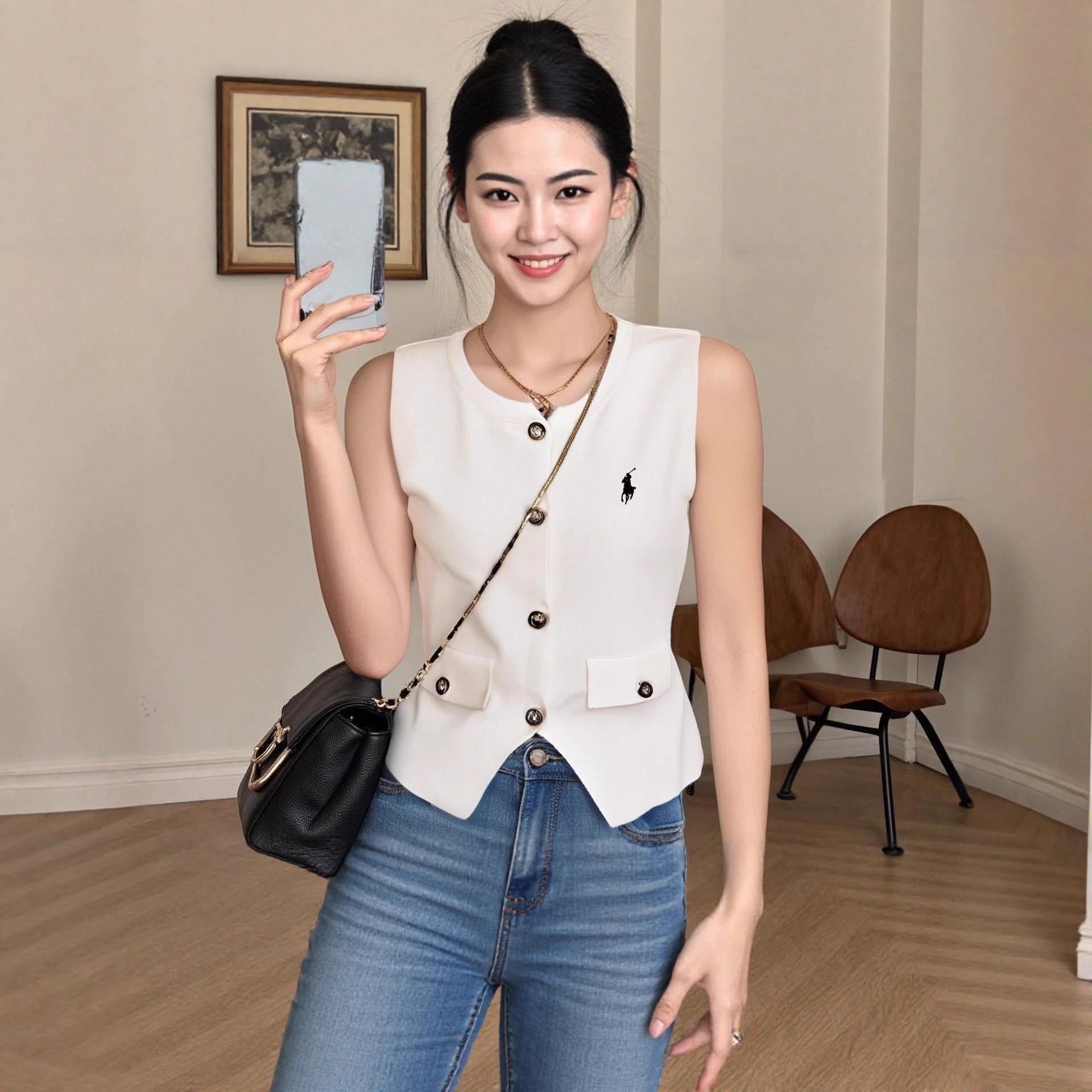 French-Style Sweet Round-Neck Vest for Women, Summer Design, Short Sleeveless Trendy Tank Top