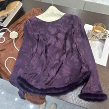 双色铜氨丝+真丝袖口拼貂毛圆领国风新中式复古秋冬内搭长袖上衣