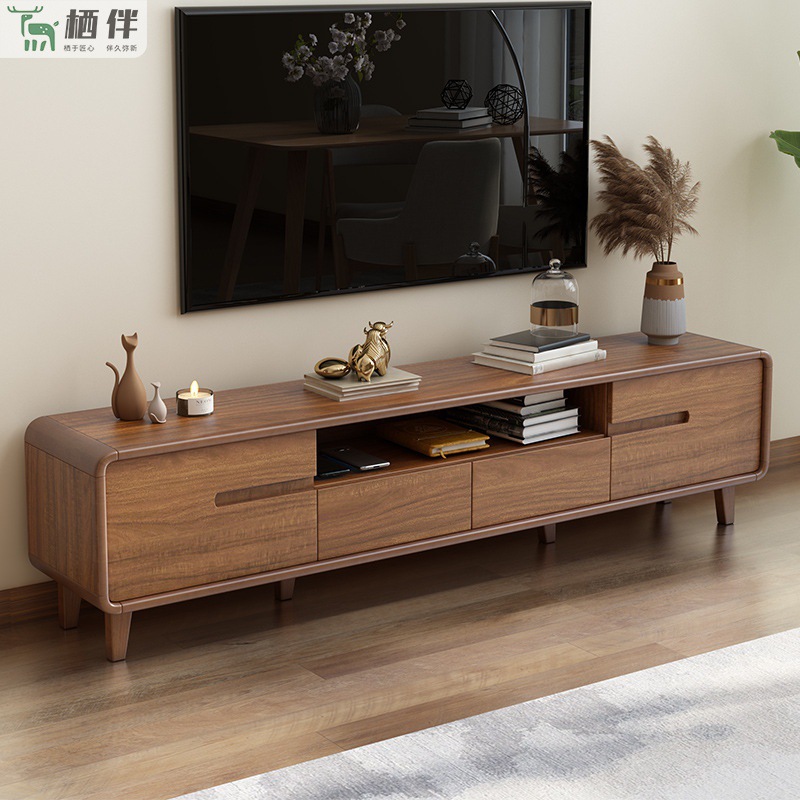 New Chinese Style Walnut Color Tv Cabinet Solid Wood Frame Low Floor Cabinet Small Apartment Living Room Video Cabinet Bedroom Tv High Cabinet
