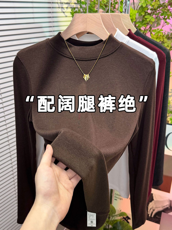 2025秋冬新款韩版百搭长袖修身显瘦酱紫色T恤女立领打底衫上衣潮|undefined