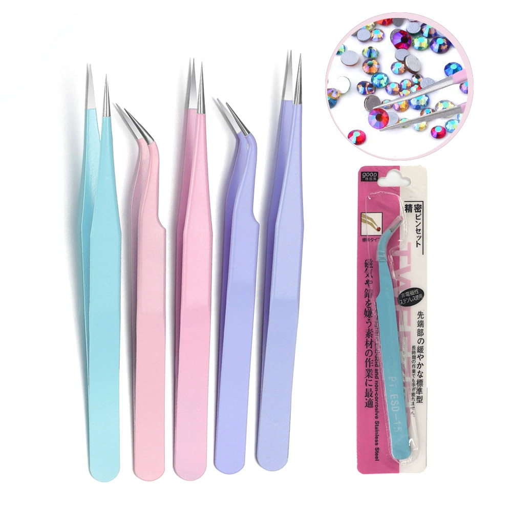 Пинцет для макарон фиолетовый, нержавеющая сталь, металлический прецизионный пинцет, прямой угловой, розовый пинцет, инструменты для маникюра