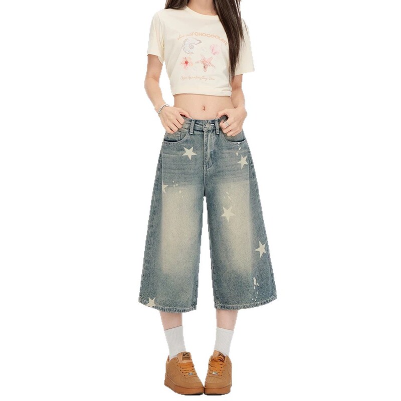Vintage Star Print Denim Capri Pants for Women, Summer Thin Loose Wide-Leg Straight Denim Capri Pants for Petite Women