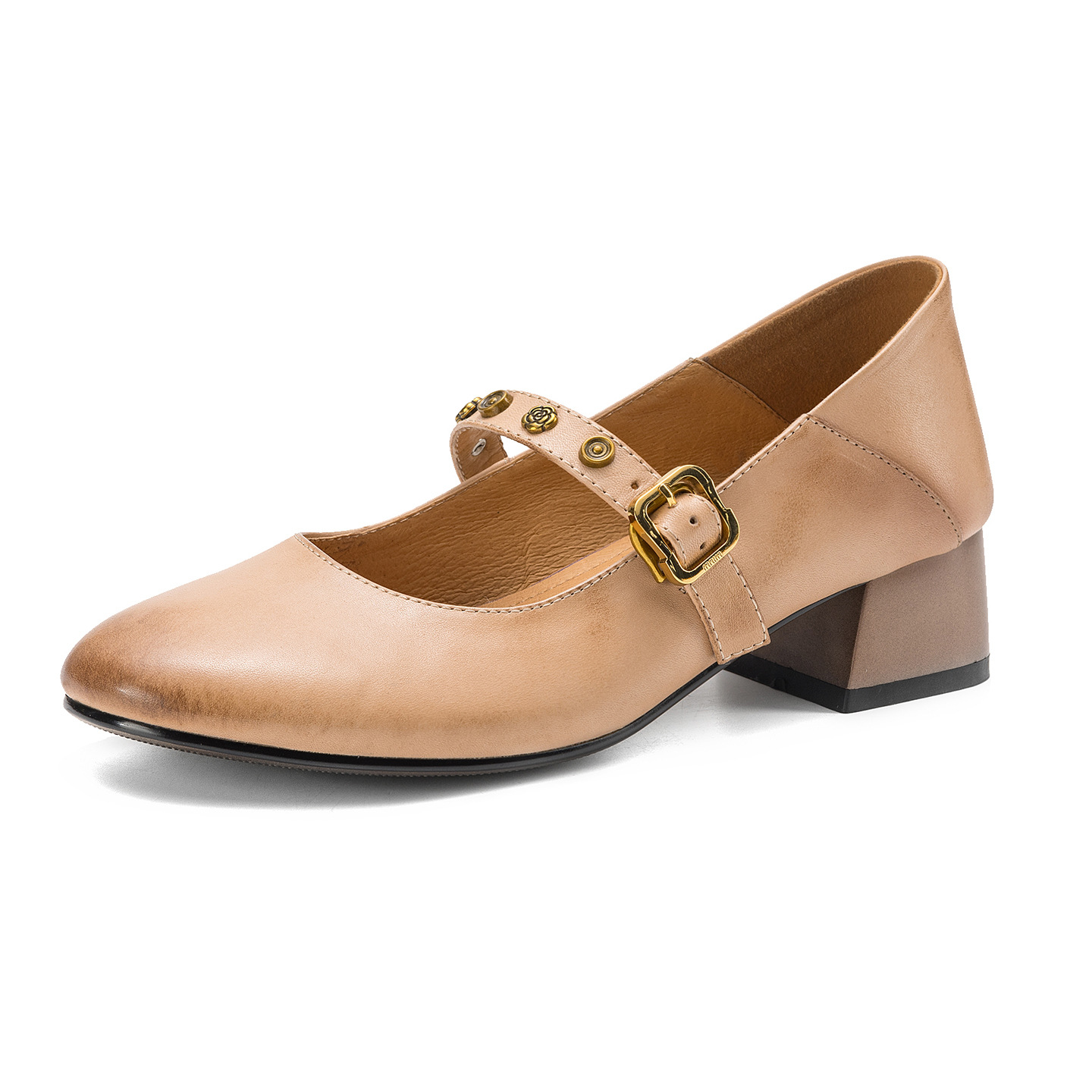 Giày Mary Jane nữ quai ngang khóa đinh tán, gót thô 4 cm, mũi tròn kiểu ballet — đen