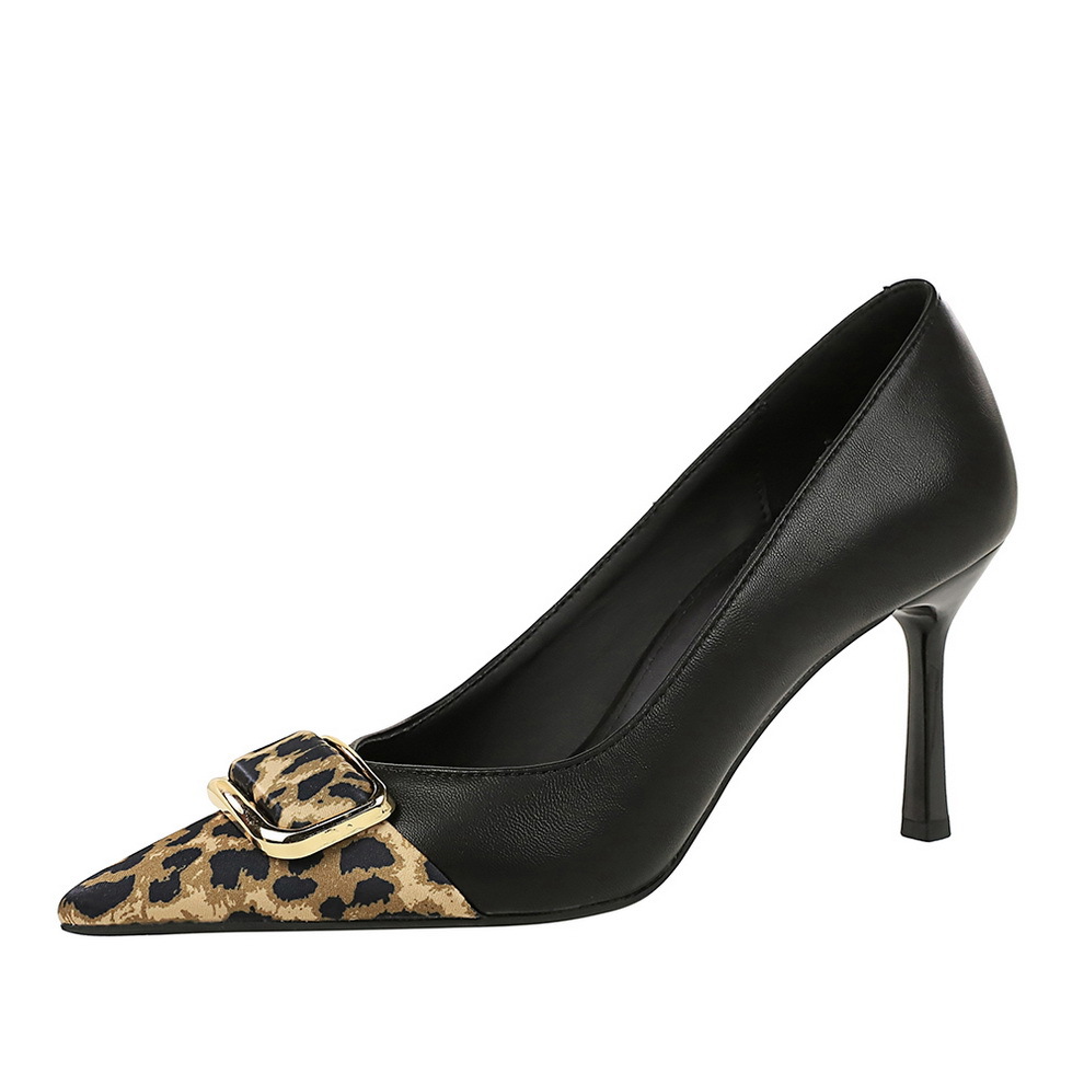 2627-5 European And American Style Metal Buckle Spliced Versatile High-heeled Feminine Stiletto Pointed Toe Party Shoes,_vogvips.com