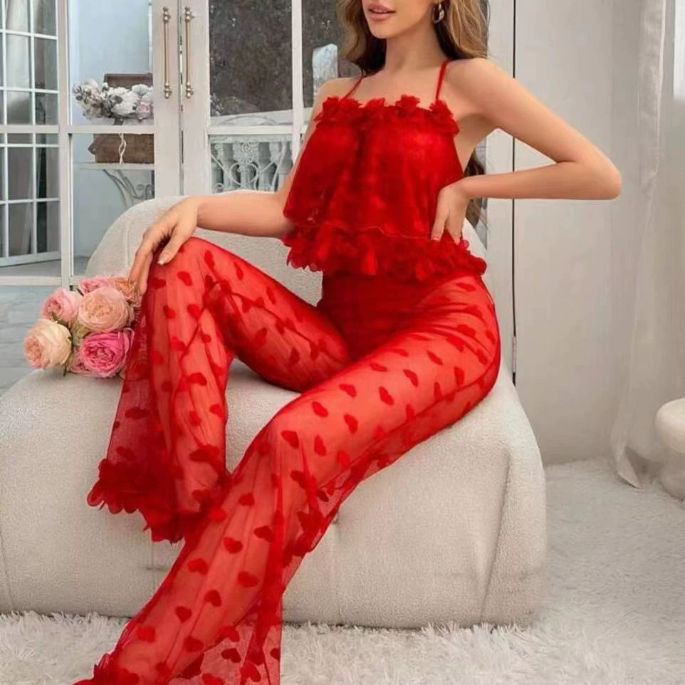 Новая внешнеторговая европейская и американская сексуальная нижнее белье, сексуальные сетчатые прозрачные подтяжки, пижамы в форме сердца, комплект домашней одежды