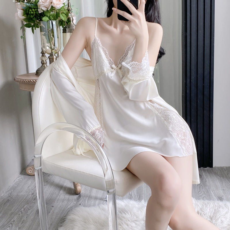 French Style Sexy Ice Silk Pajamas Women's Lace Silk Sling Nightgown Nightgown Two-piece Set Exposure Waist High-end Sense Home Clothes