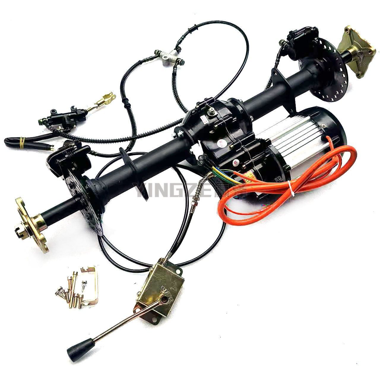 Modified four-wheel electric beach buggy kart parts: differential axle, transmission motor, rear axle, gear set, and dual disc brakes