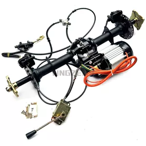 Modified four-wheel electric beach buggy kart parts: differential axle, transmission motor, rear axle, gear set, and dual disc brakes