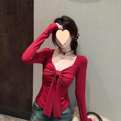 Sweet and Spicy Girl Style Niche Butterfly Bow Collar Red Women's Spring Fitted Slimming Short Sleeve Long Sleeve Base Top