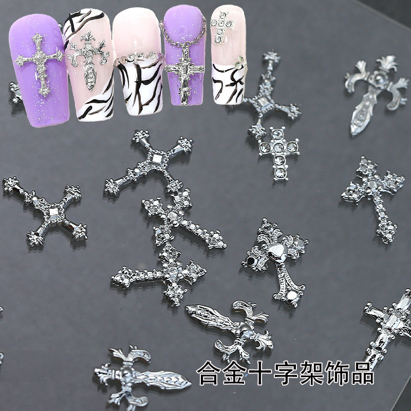 Wholesale cross-border alloy lace cross nail jewelry three-dimensional metal white K accessories diamond simple nail decoration