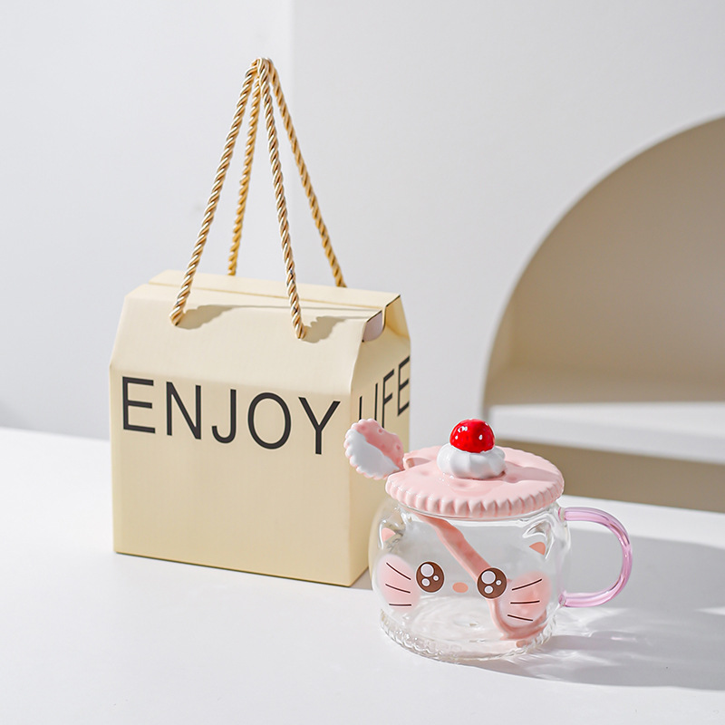 Creativo lindo alto borosilicato vidrio taza rosa corazón de la chica regalar taza de agua con cuchara de cerdo taza de gato