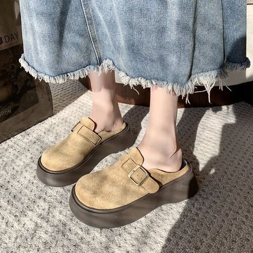 Height-increasing Outerwear Slip-On Shoes for Lazy Days, Fashionable Retro Thick-Soled Birkie Closed-Toe Half Slippers for Women—Spring Collection