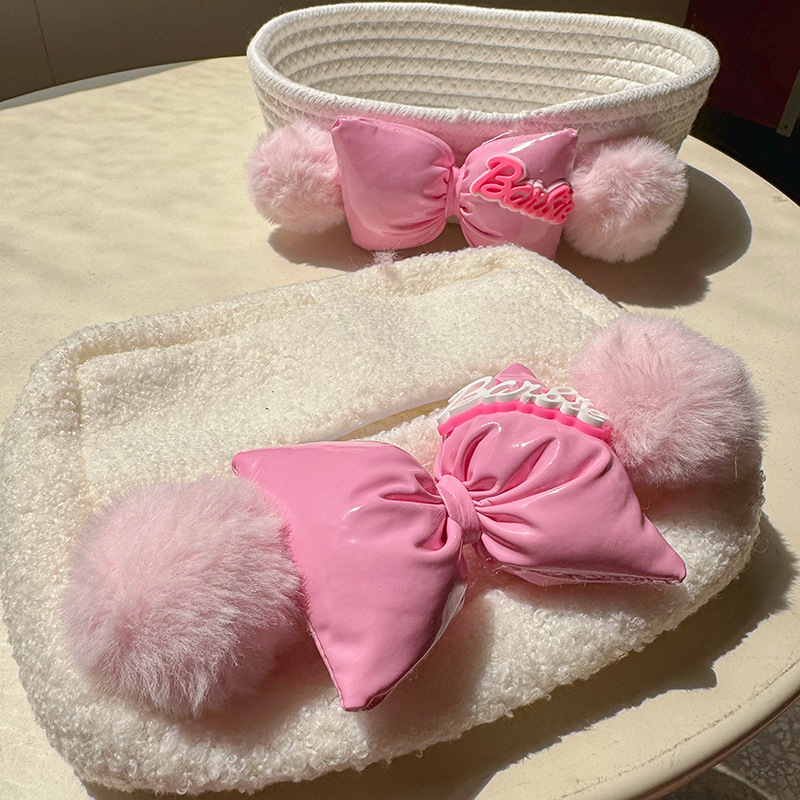 Pink Plush Bow Cosmetic Bag Cotton Rope Desktop Storage Box Bow Pearl Decoration Mobile Phone Key Storage