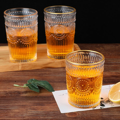 Retro embossed glass home breakfast cup transparent glass water cup with gold rim sunflower coffee cup