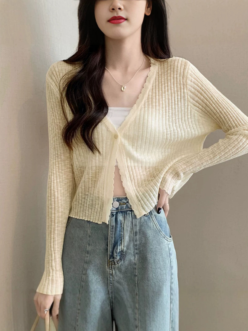 Áo len dệt kim cổ chữ V dài tay mỏng nhẹ chống nắng mùa hè — đen
