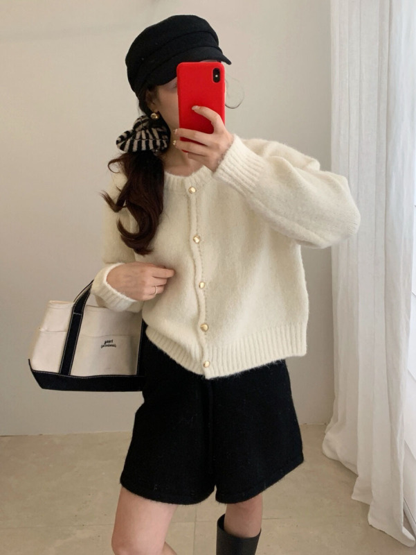 韩版小个子温柔风软糯毛衣开衫女秋冬纯色百搭金扣针织衫外套上衣|undefined